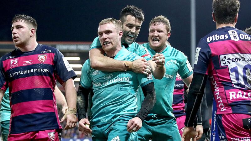 Keith Earls celebrates scoring Munster’s third try of the night. Photograph: Dan Sheridan/Inpho