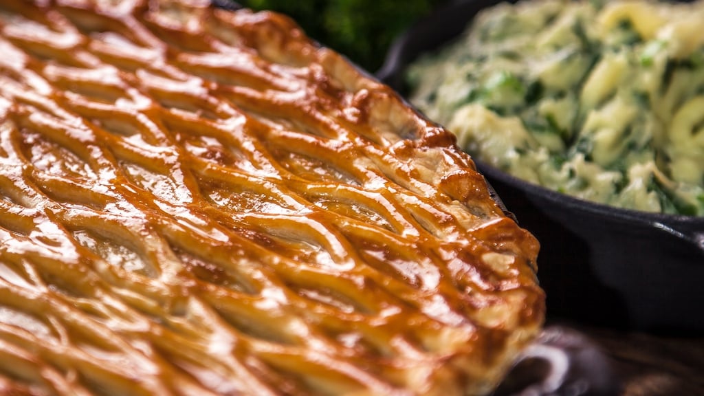 Gareth Mullins’s beef and Guinness pie, with champ and seasonal greens.