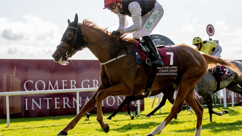 Oisín Orr on Search For A Song wins The Comer Group International Irish St Leger at the Curragh. Photograph: Morgan Treacy/Inpho