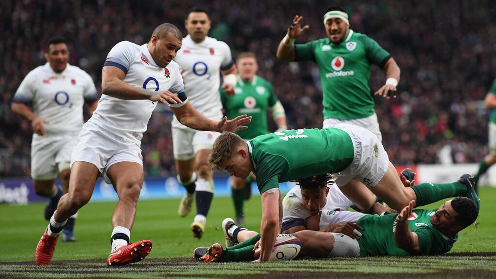 Garry Ringrose of Ireland touches down for the first try during the NatWest Six Nations match between England and Ireland at Twickenham on Saturday. Photograph: Shaun Botterill/Getty Images