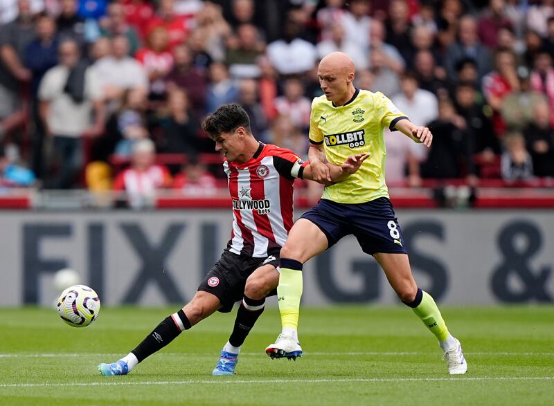 Brentford's Christian Norgaard and Southampton's Will Smallbone in action during the Premier League clash at the Gtech Community Stadium, London. Photograph: Aaron Chown/PA Wire.