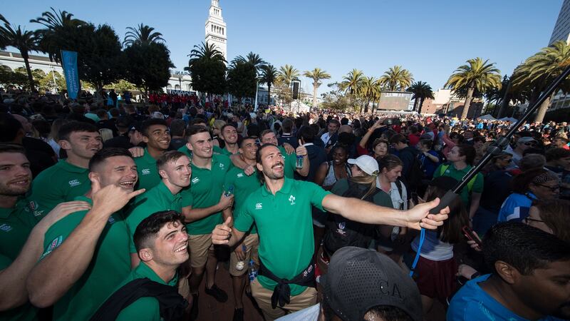 Harry McNulty takes a selfie during the opening ceremony of the 2018 Rugby World Cup Sevens. Photograph: Billy Stickland/Inpho