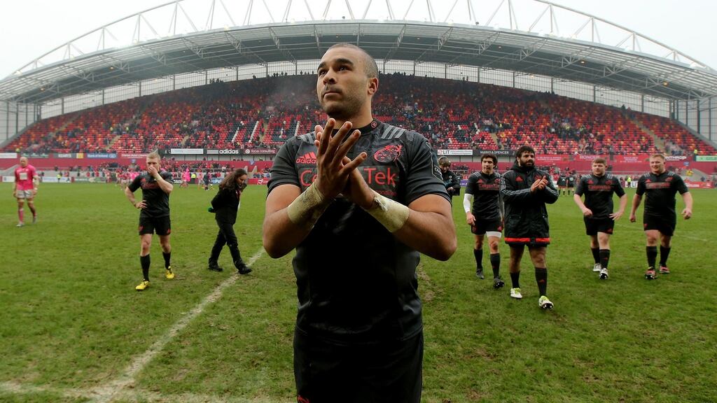 Munster’s Simon Zebo acknowledges the crowd after last weekend’s win. Photograph: Ryan Byrne/Inpho