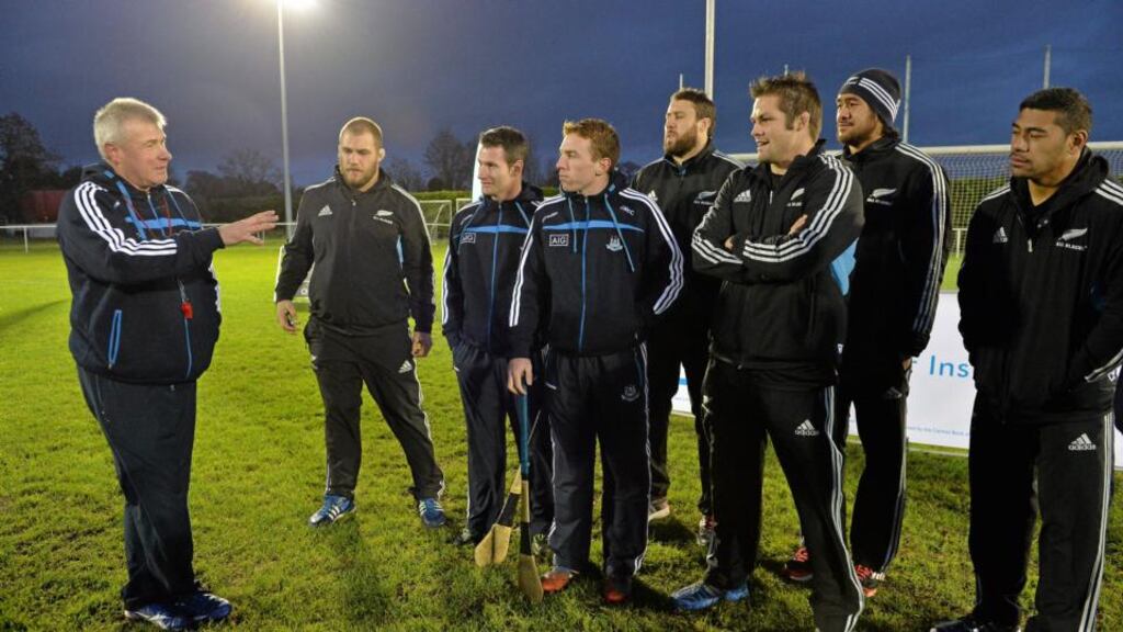 Sponsors hosted an All Blacks v All Blues skills challenge in Westmanstown, Dublin, earlier this month. AIG sponsor both New Zealand Rugby and Dublin GAA and stars from both teams tried different skills from across all codes as former Dublin player Charlie Redmond kept score. In attendance are, from left, Charlie Redmond, Owen Franks, Niall Corcoran, Johnny McCaffrey, Jeremy Thrush, Richie McCaw, Steven Luatua, and Charlie Piutau. Photograph: Sportsfile