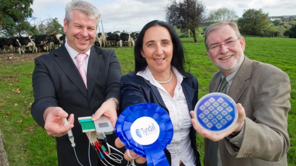 From left: Alan O’Riordan, Tyndall Institute; Riona Sayers, Teagasc and Kieran Drain, Tyndall Institute CEO, at the launch of AgriSense in Cork. photograph: daragh mcsweeney/provision
