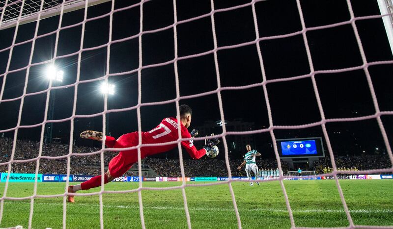 Celtic's Adam Idah's penalty is saved by Kairat's Temirlan Anarbekov. Photograph: Craig Williamson/SNS Group via Getty