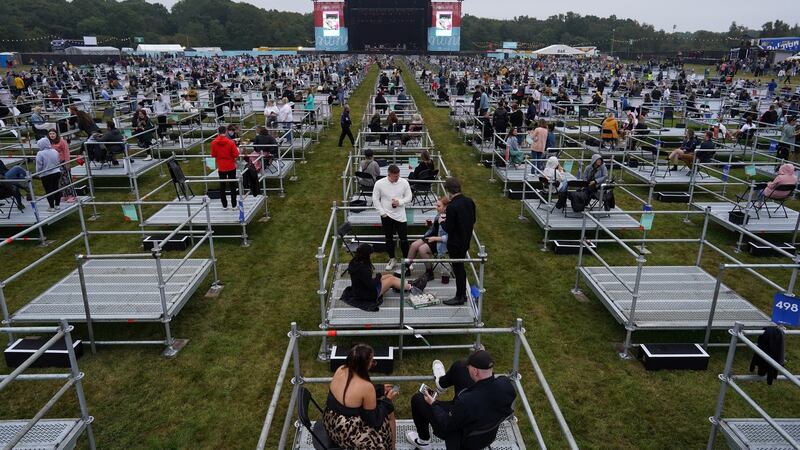 Fans wait in socially distanced enclosures to see Sam Fender at the Virgin Money Unity Arena on August 13th, 2020, in Newcastle upon Tyne. Photograph: Ian Forsyth/Getty Images