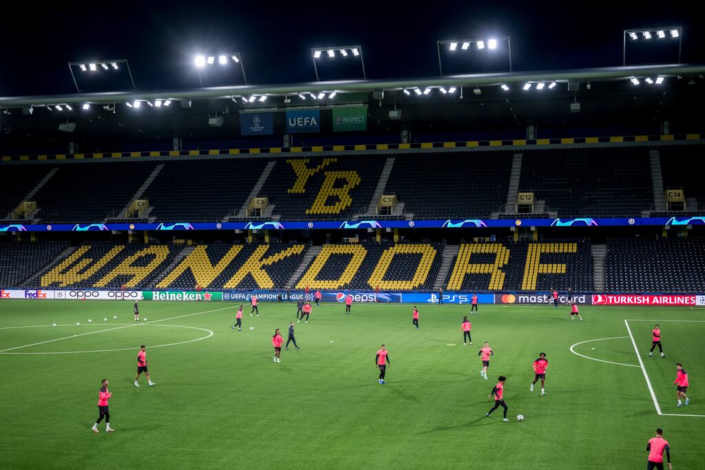 Manchester City take part in a training session on the eve of the Champions League Group G football match against Young Boys at Wankdorf Stadium in Bern. Photograph: Fabrice Coffrini/Getty Images