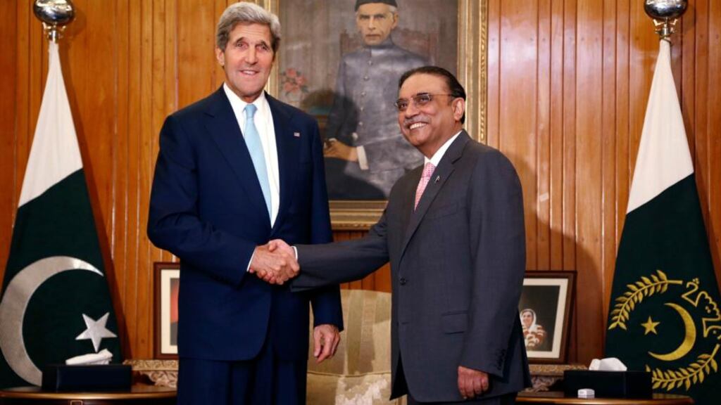 US secretary of state John Kerry (left) meets Pakistan’s president Asif Ali Zardari in Islamabad yesterday. Photograph: Reuters/Jason Reed