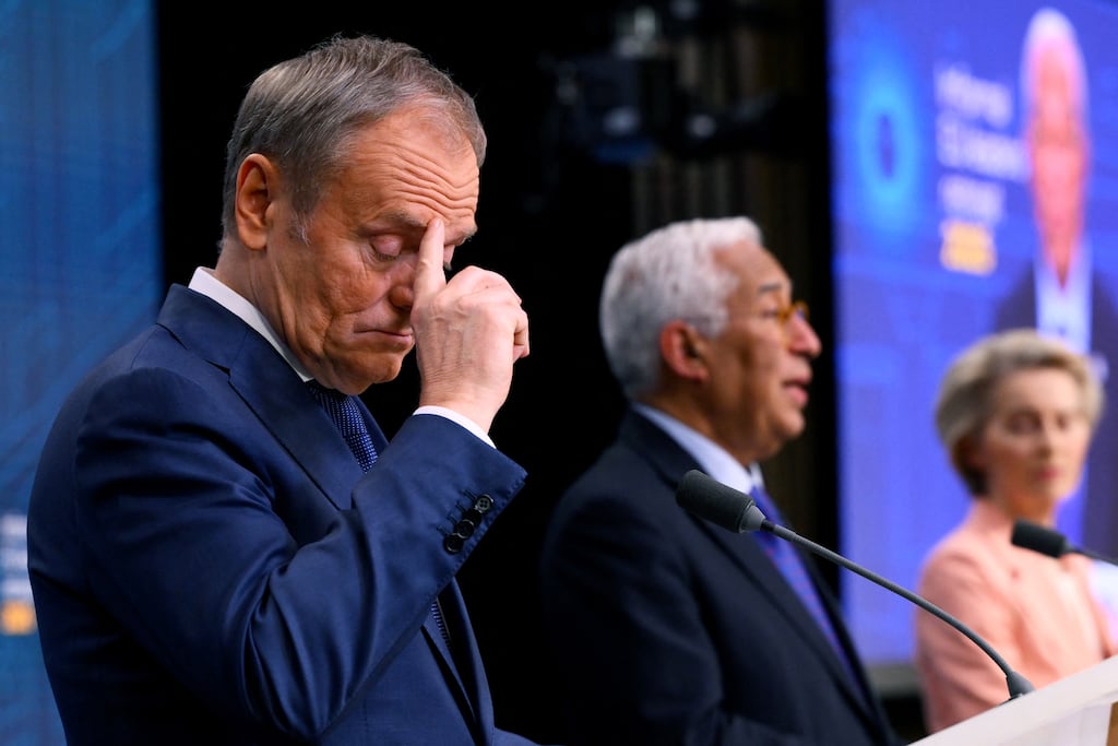 Poland's prime minister Donald Tusk with European Council president Antonio Costa and president of the European Commission Ursula von der Leyen during an informal European Union (EU) leaders' meeting in Brussels on Monday. (Photo by John Thys / AFP)