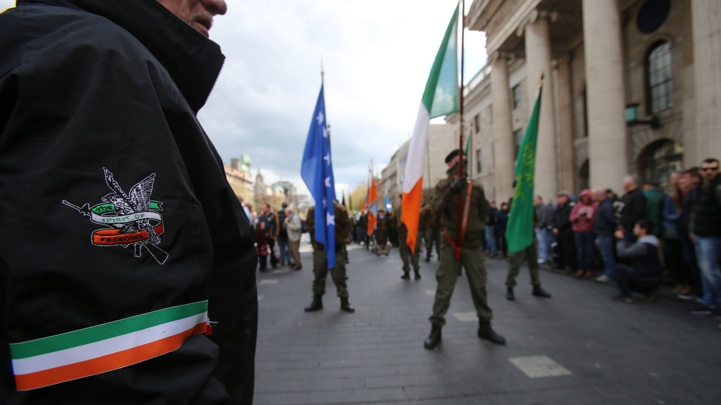 Members of Republican Sinn Féin halted outside the GPO on O’Connell Street in Dublin during a ceremony to mark the centenary of the 1916 Rising. Photograph: Niall Carson/PA Wire