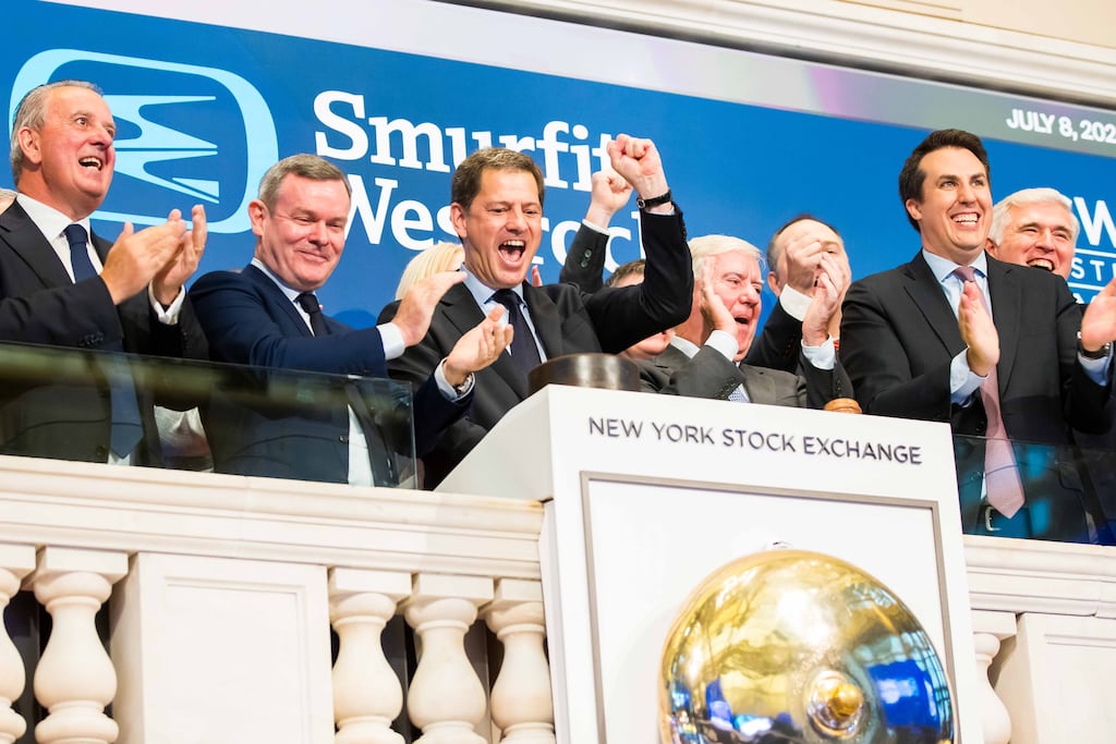 Smurfit WestRock chief executive Tony Smurfit, centre, at the ringing of the bell ceremony when its shares began trading on the New York Stock Exchange last month. Photograph: NYSE