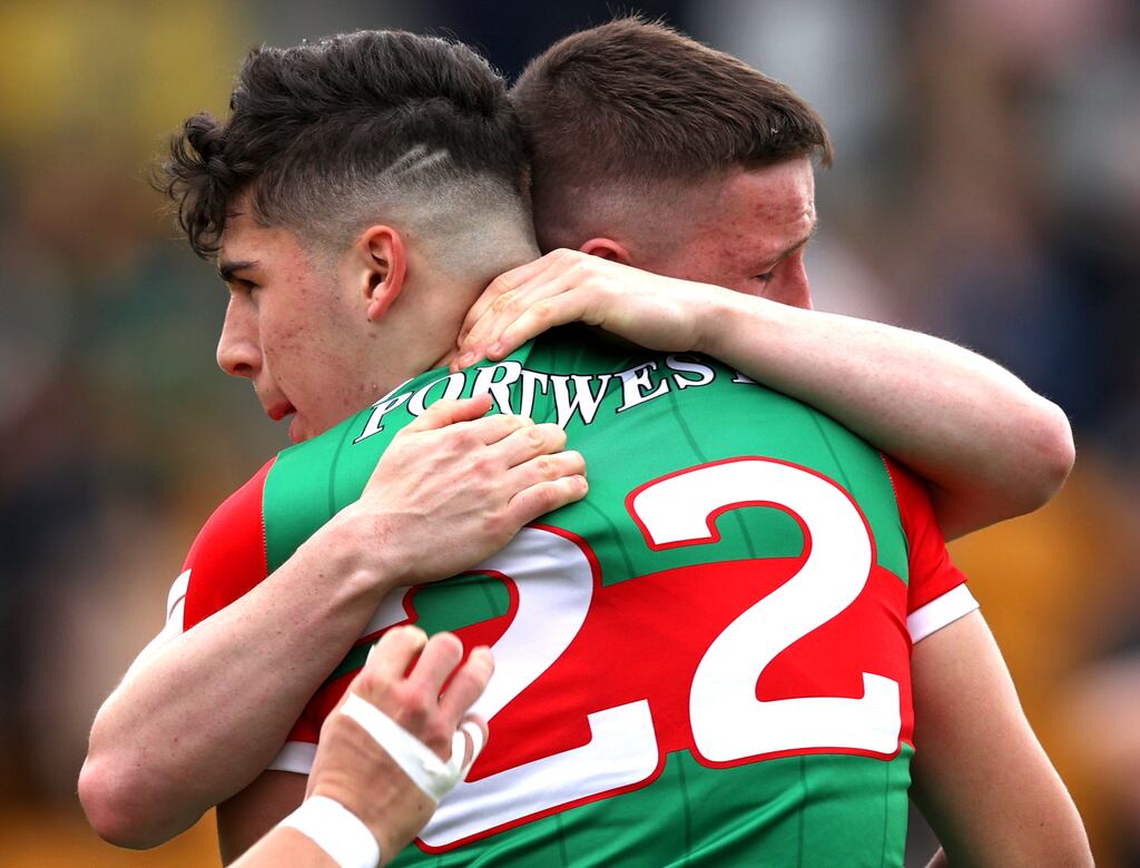 Mayo's Adam Boukioud and Dara Hurley celebrate after beating Kerry. Photograph: Tom Maher/Inpho