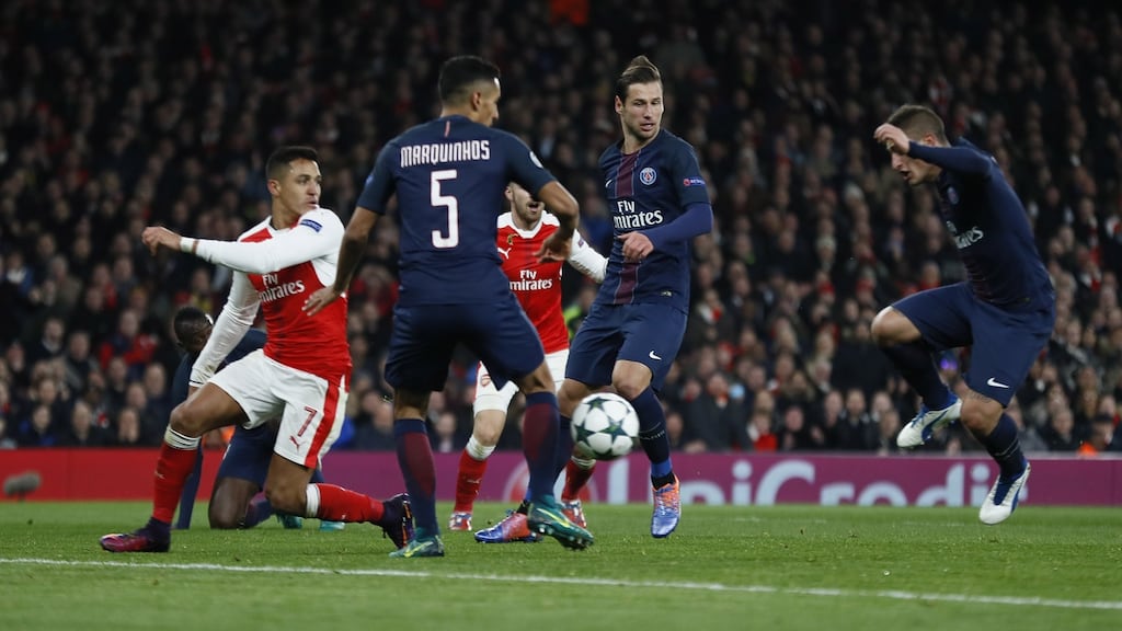 Paris Saint-Germain’s Marco Verratti scores an own goal during their Champions League clash with Arsenal. Photo: Stefan Wermuth/Reuters