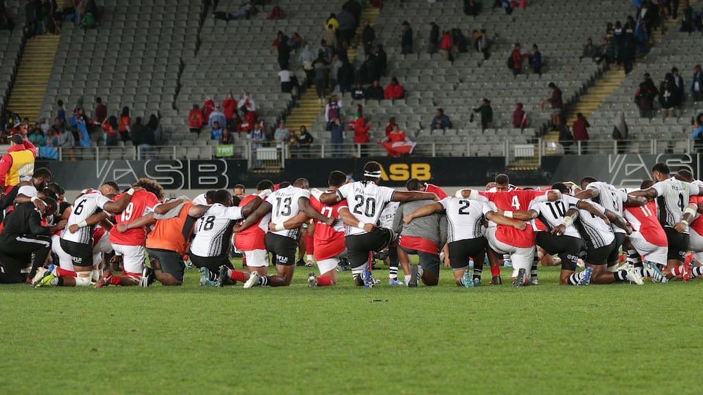 Fiji and Tonga players after their RWC warm-up match at Eden Park. Photograph: Dave Rowland/Getty