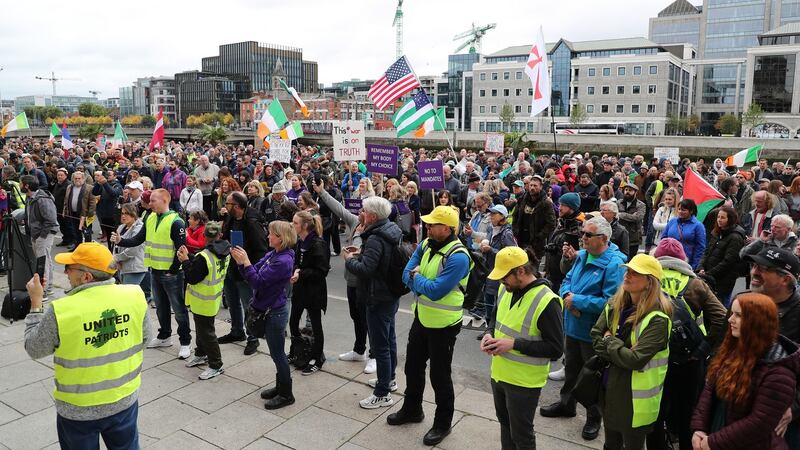 Protesters seen at the Custom House in Dublin City centre. Photograph Nick Bradshaw/The Irish Times