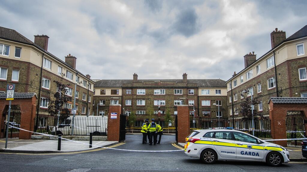 Gardaí at Avondale House on North Cumberland Street, Dublin 1 where Gareth Hutch was shot dead. Photograph: Brenda Fitzsimons / The Irish Times
