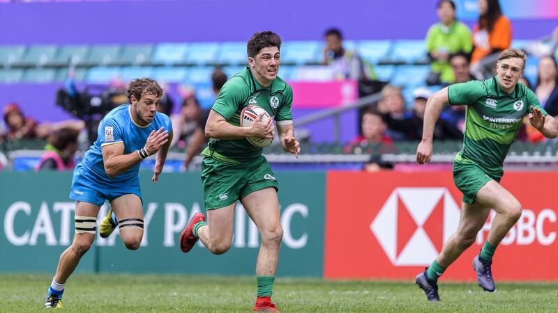 Jimmy O’Brien on the way to scoring one of Ireland’s tries against Uruguay. Photograph: Power Sport Images/Getty