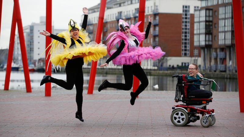 Performers from Artastic with Joanne O’Riordan (centre), who is to be grand marshal for this year’s St Patrick’s Festival parade in Dublin. Photograph: Robbie Reynolds