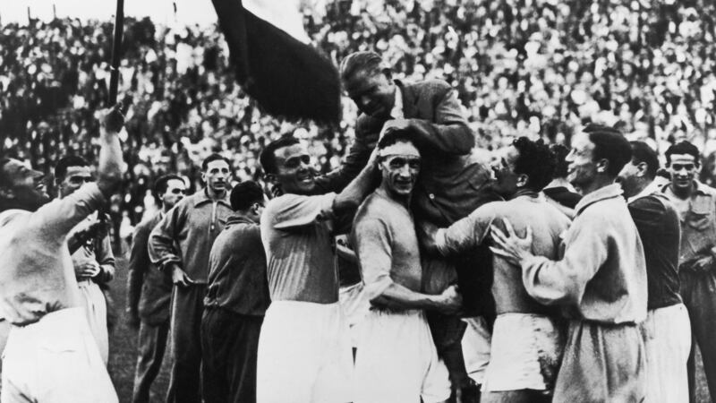 The Italian World Cup winners carry manager Vittorio Pozzo after their 2-1 victory over Czechoslovakia. Photograph: Keystone/Getty