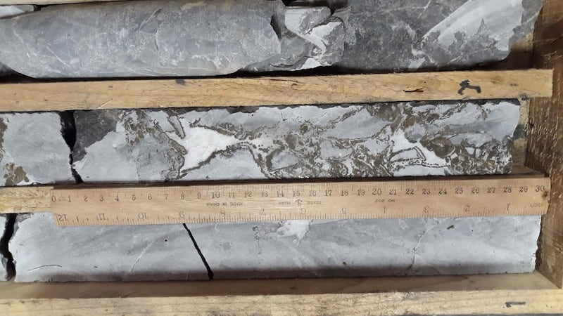Limestone core with calcite and mineralisation