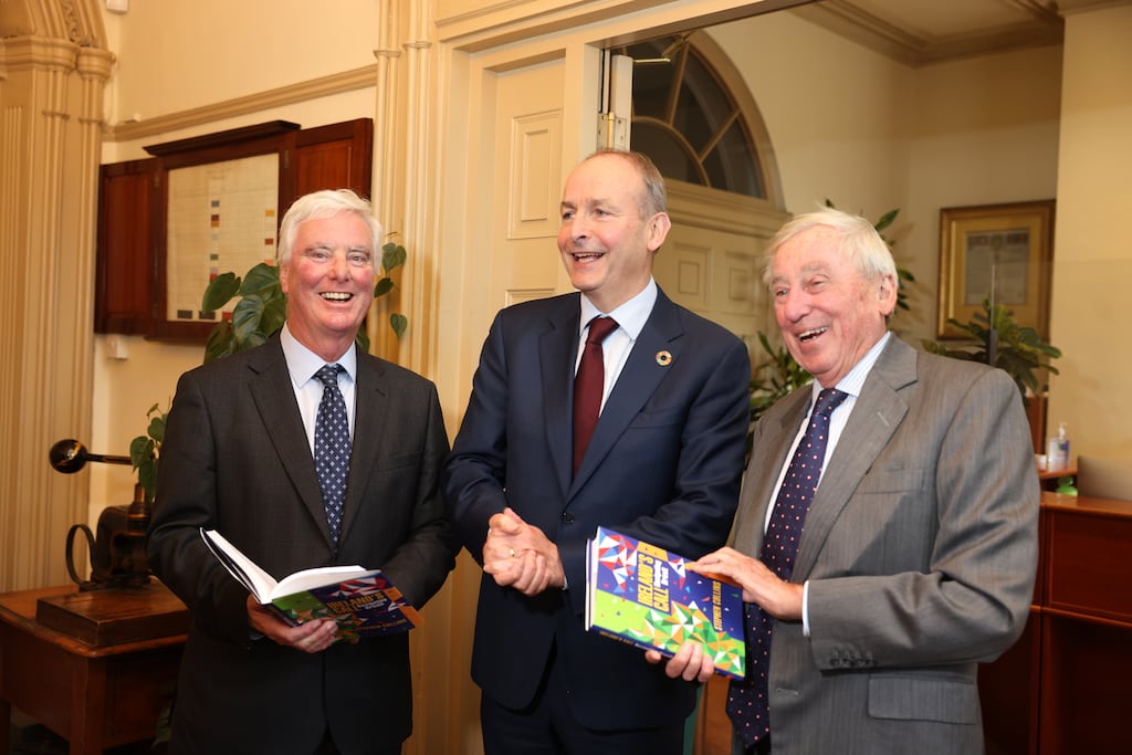 Irish Times columnist Stephen Collins, Taoiseach Micheál Martin and NUI chancellor Dr Maurice Manning at the launch of Collins's new book Ireland's Call: Navigating Brexit at NUI in Merrion Square on Wednesday.
Photograph: Dara Mac Dónaill