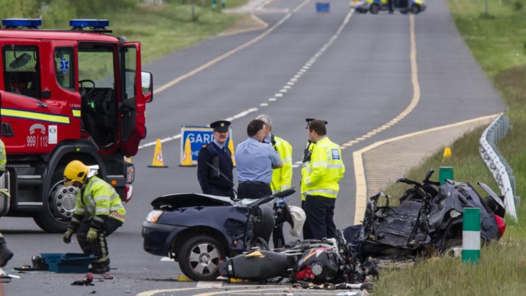The scene of today’s fatal crash on the N78 outside Athy, Co Kildare. Photograph: Michael O’Rourke