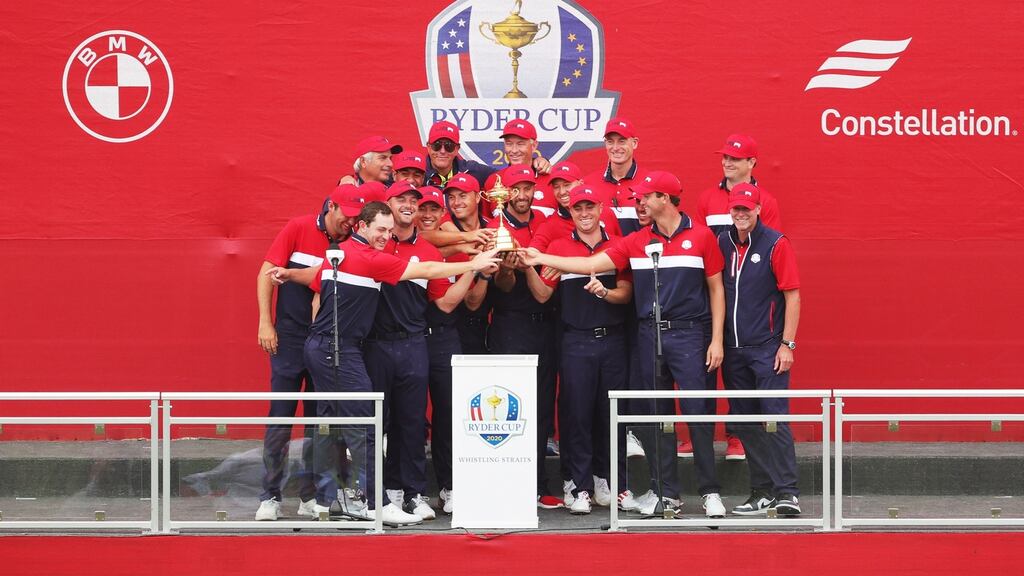 Team United States celebrates with the Ryder Cup after defeating Team Europe 19 to 9 at Whistling Straits. Photo: Stacy Revere/Getty Images