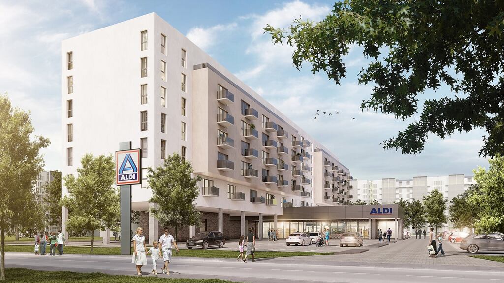 A computer-generated image  showing an Aldi store on the ground floor of a residential building which will be built in Berlin, Germany. Image: Aldi Nord/EPA