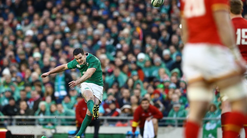 Jonathan Sexton kicks the penalty to ensure a draw at the Aviva Stadium. In previous years, the home team would have gone for a try to keep Triple Crown and Grand Slam hopes alive. Photograph: James Crombie/Inpho