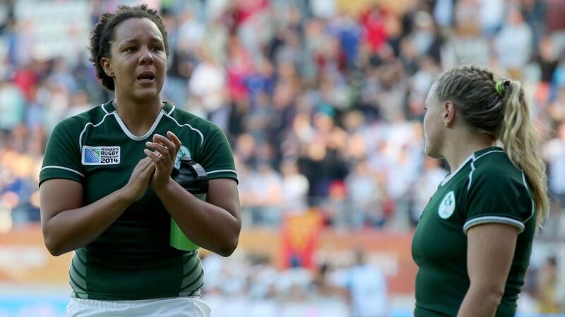 Sophie Spence (left) shows her disappointment after the IRB Women’s World Cup defeat to England at Stade Jean Bouin in Paris. Photograph: Dan Sheridan/Inpho