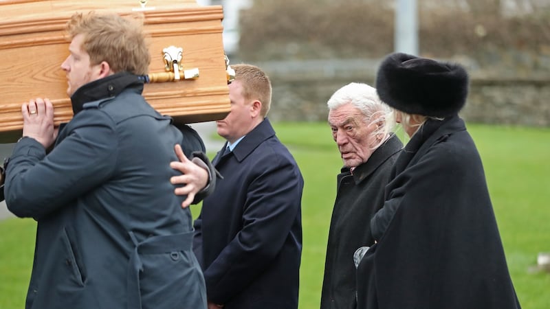 Marian Finucane’s husband John Clarke walks behind the coffin as it arrives for the broadcaster’s funeral at St Brigid’s Church in Kill, Co Kildare. Photograph: Niall Carson/PA Wire