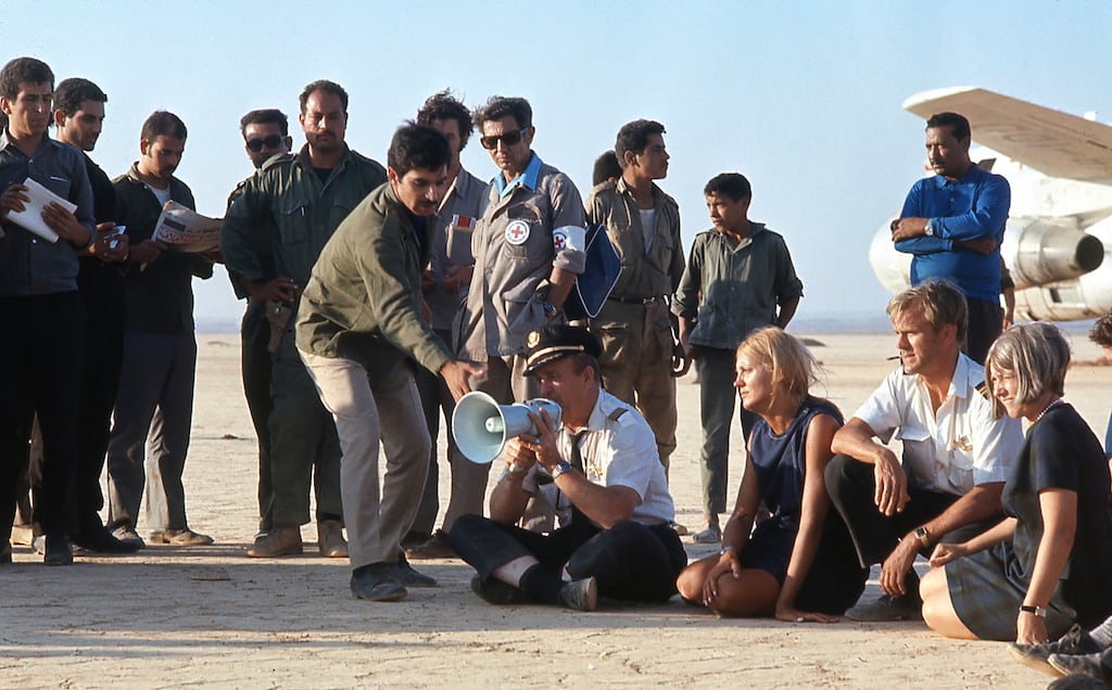 In September 1970 PFLP gunmen hijacked three passenger jet airliners and diverted them to Dawson Field, a remote desert airfield near Amman, Jordan, where they kept the passengers hostage for several days while they negotiated with King Hussein. Eventually all hostages were released unharmed, but the jets were blown up. Photograph: Nik Wheeler/Getty Images