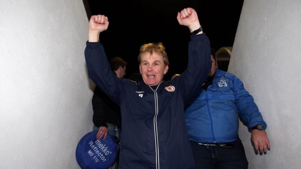 Liam Buckley celebrates as he leaves the pitch following last night’s victory over Sligo Rovers. Photograph: Donall Farmer/Inpho.