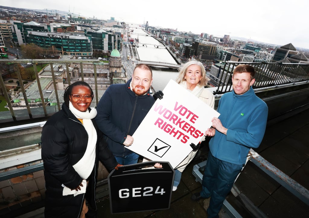 Union members Pretty Ndawo, Shane Murphy, Lynda Scully and Andy Kehan at Liberty Hall in Dublin at the launch of the Respect at Work campaign. Photograph: Leah Farrell/Photocall Ireland