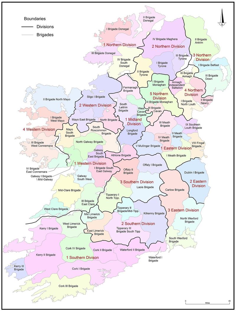 This map, courtesy of the Atlas of the Irish Revolution, shows the outline of the IRA brigades and divisional areas during the War of Independence. Image: Cork University Press (CUP)