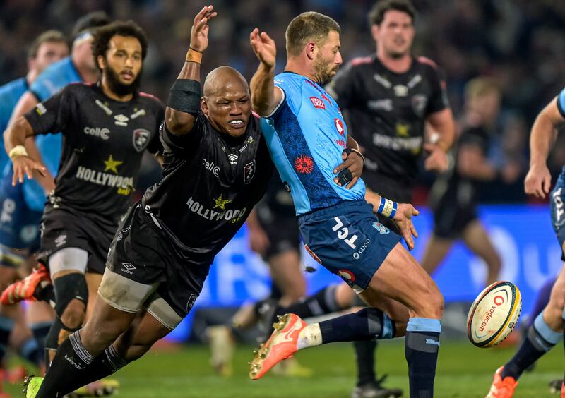 Bongi Mbonambi of the Sharks tackles the Bulls' Willie le Roux during last weekend's URC semi-final in Pretoria. Photograph: Steve Haag Sports/Inpho/Christiaan Kotze