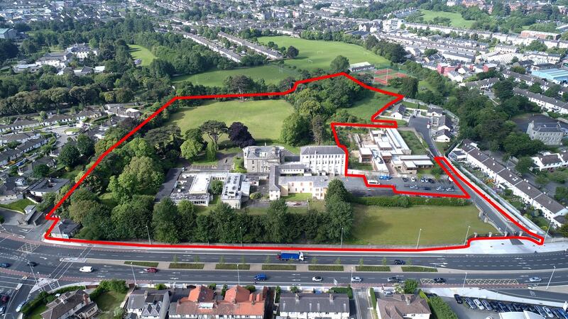 Aerial view of the 9.7-acre land bank close to Blackrock village in south Dublin, which is on the market and zoned mainly to “protect and/or improve residential amenity”.