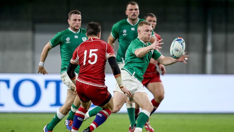 Keith Earls on the ball during Ireland’s 35-0 win over Russia in Kobe on Thursday. Photograph: Dan Sheridan/Inpho