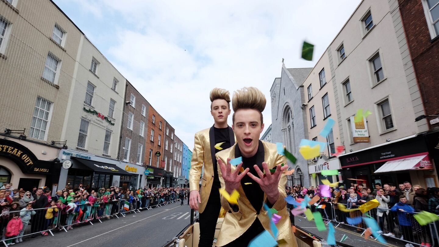 Jedward in action at the Limerick St Patrick’s Day parade. Photograph: Don Moloney/Press 22