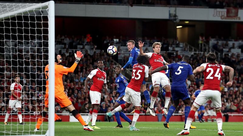Leicester City’s Jamie Vardy scores his side’s third goal. Photograph: Nick Potts/PA Wire.