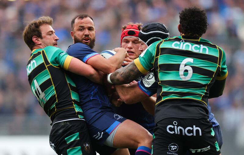Jamison Gibson-Park in held up by the Northampton defence at Croke Park. Photograph: Ryan Byrne/Inpho