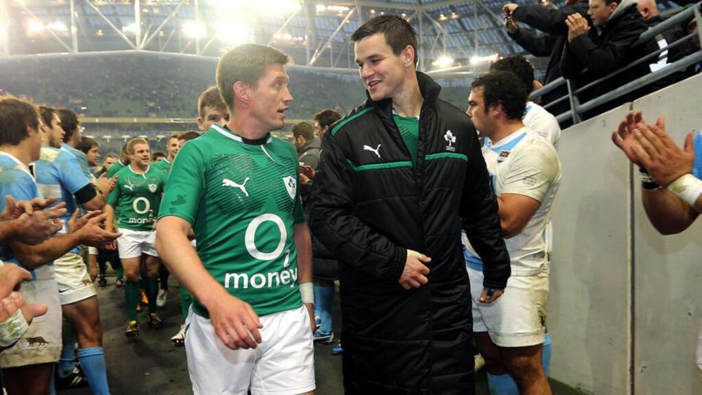 Ronan O’Gara (left) and Jonny Sexton (right) are reported to be linking up together at Racing Metro 92 next season. Photograph: Lorraine O’Sullivan/Inpho