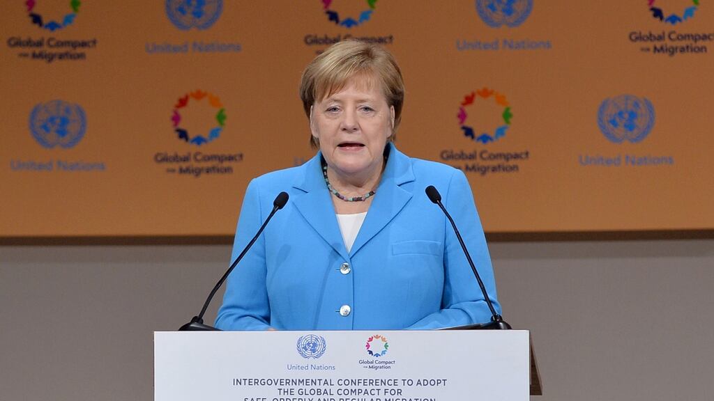 German Chancellor Angela Merkel speaks during the Intergovernmental Conference to Adopt the Global Compact for Safe, Orderly and Regular Migration, in Marrakesh, Morocco . Photograph: Abderrahmane Mokhtari/Morocco
