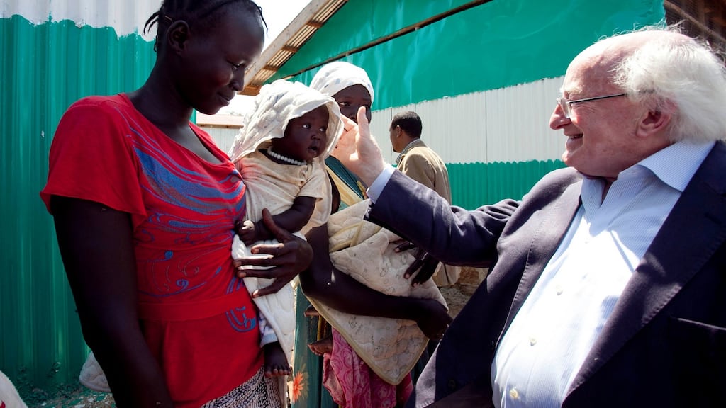 President Michael D Higgins meeting refugees at the Goal nutrition centre in Tierkadi Refugee Camp, during his visit to Ethiopia in 2014. Photograph: Chris Bellew/Fennell