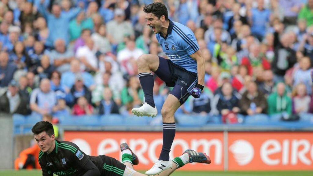 Dublin’s Bernard Brogan celebrates scoring a goal past Fermanagh goalkeeper Thomas Treacy during the All-Ireland SFC quarter-final at Croke Park. Photograph: Morgan Treacy/Inpho
