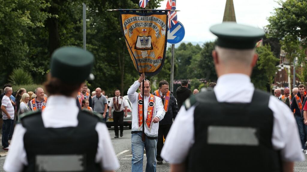 A member of the Ballysillan Loyal Orange Lodge 1891 takes part in a final parade flashpoint protest on Woodvale Road, Belfast, earlier this week. Photograph: Brian Lawless/PA Wire