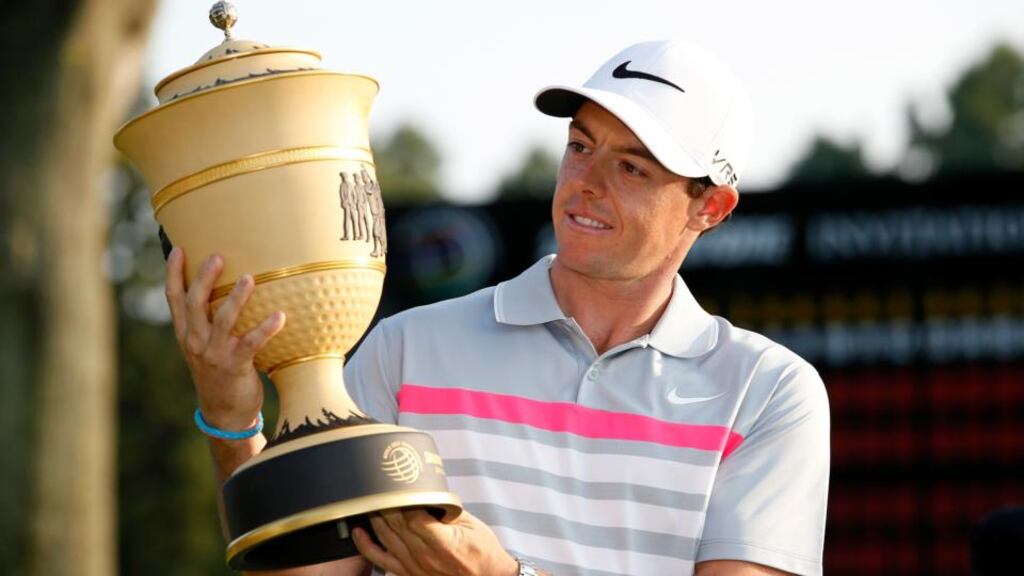 Rory McIlroy holds the Gary Player trophy after winning the WGC-Bridgestone Invitational at Firestone Country Club in Akron, Ohio. Photograph: Gregory Shamus/Getty Images