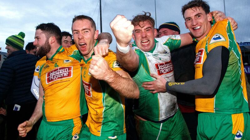 Corofin’s Conor Cunningham, Jason Leonard, goalkeeper Bernard Power and Ronan Steede celebrate after their Connacht SFC final win over Castlebar Mitchels. Photograph: James Crombie/Inpho