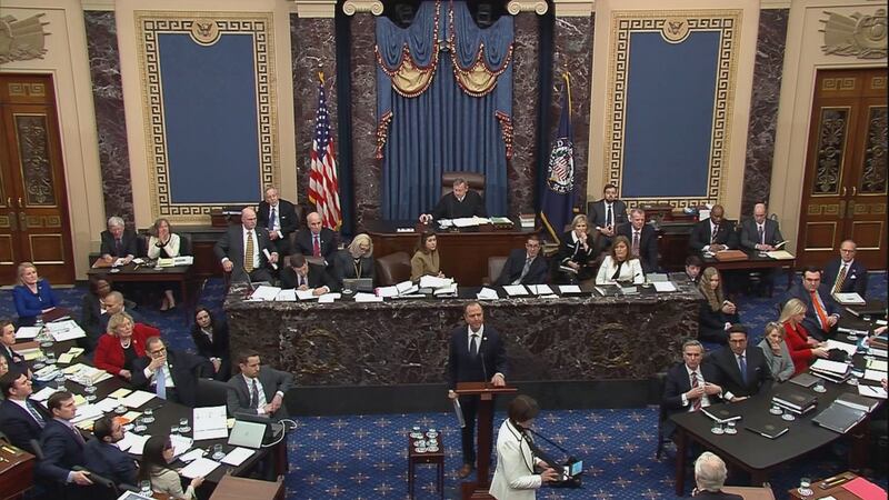 Senators listen to Adam Schiff deliver opening arguments during the impeachment trial. Photograph: US Senate TV/Handout via Reuters